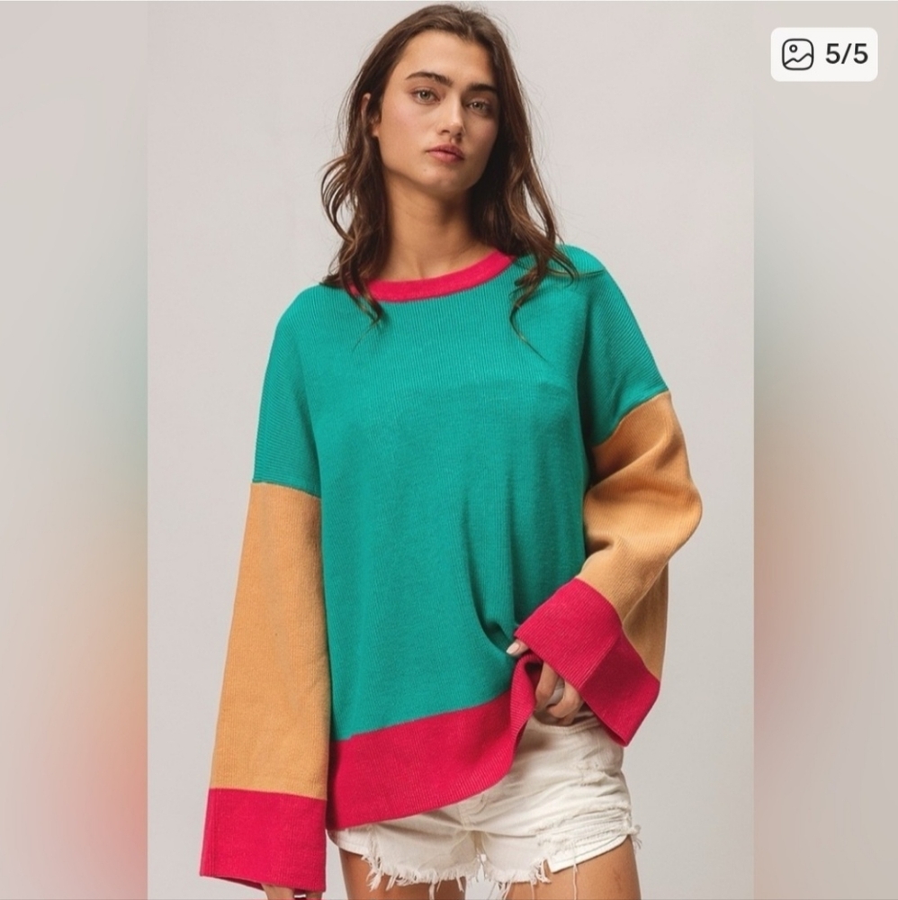 BiBi Green, Pink And Tan Colorblock Sweater